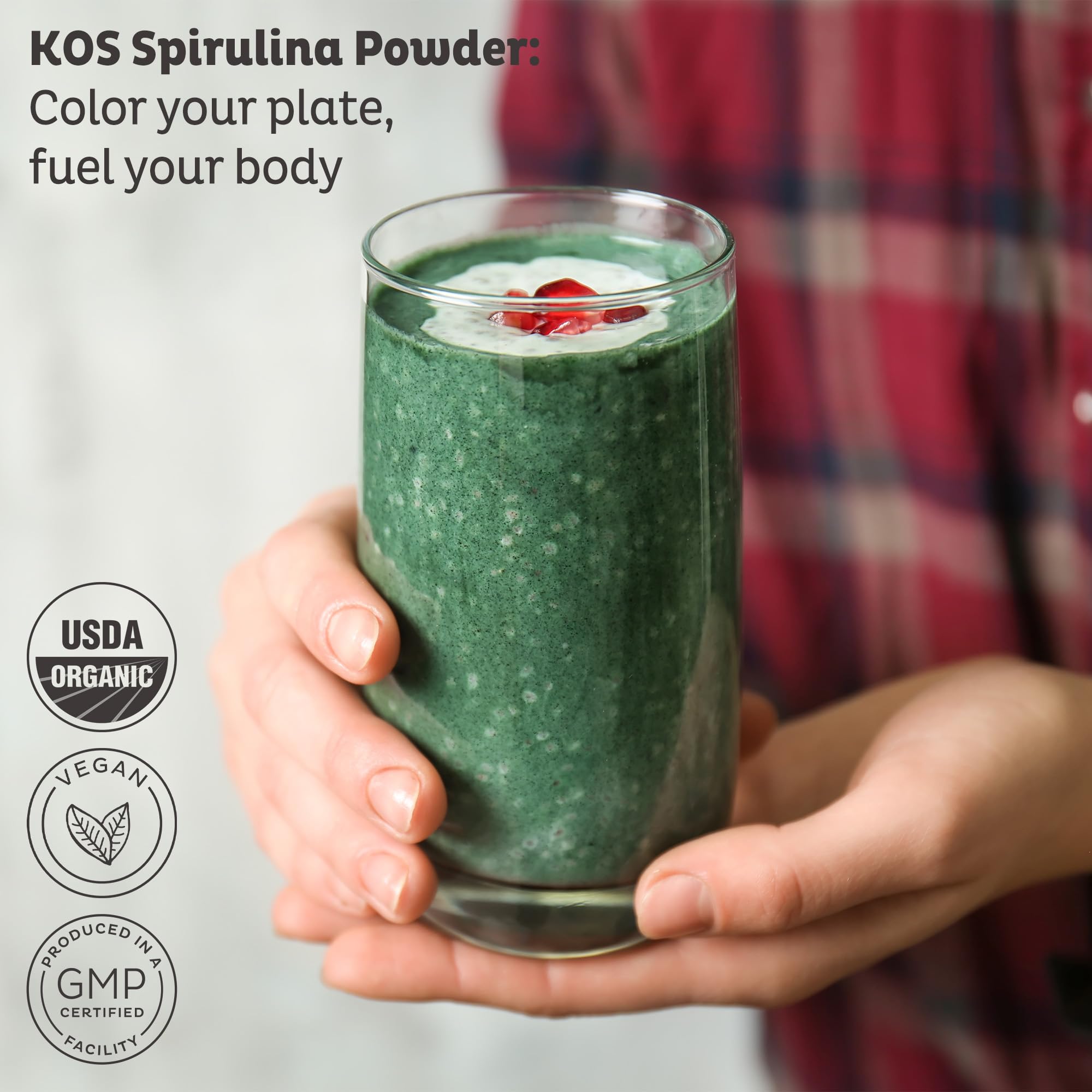 KOS blue green algae powder nutrition facts label showing organic ingredients