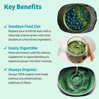 Scooping pure green superfood powder out of KOS organic spirulina container