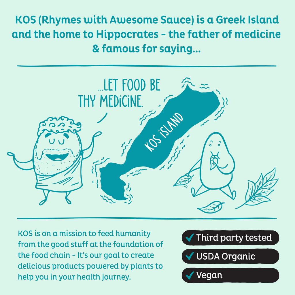 Authentic USA imported KOS spirulina superfood powder container on a kitchen counter