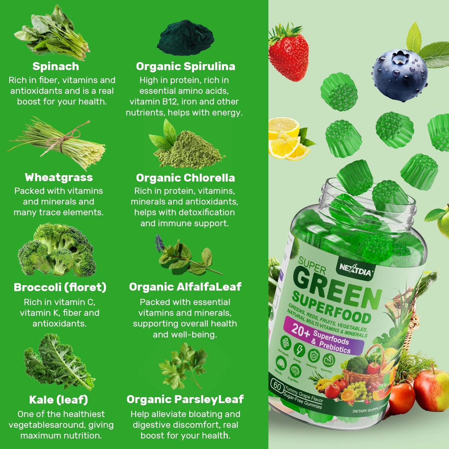 Newellme daily super greens dietary supplement showing nutritional facts and ingredients