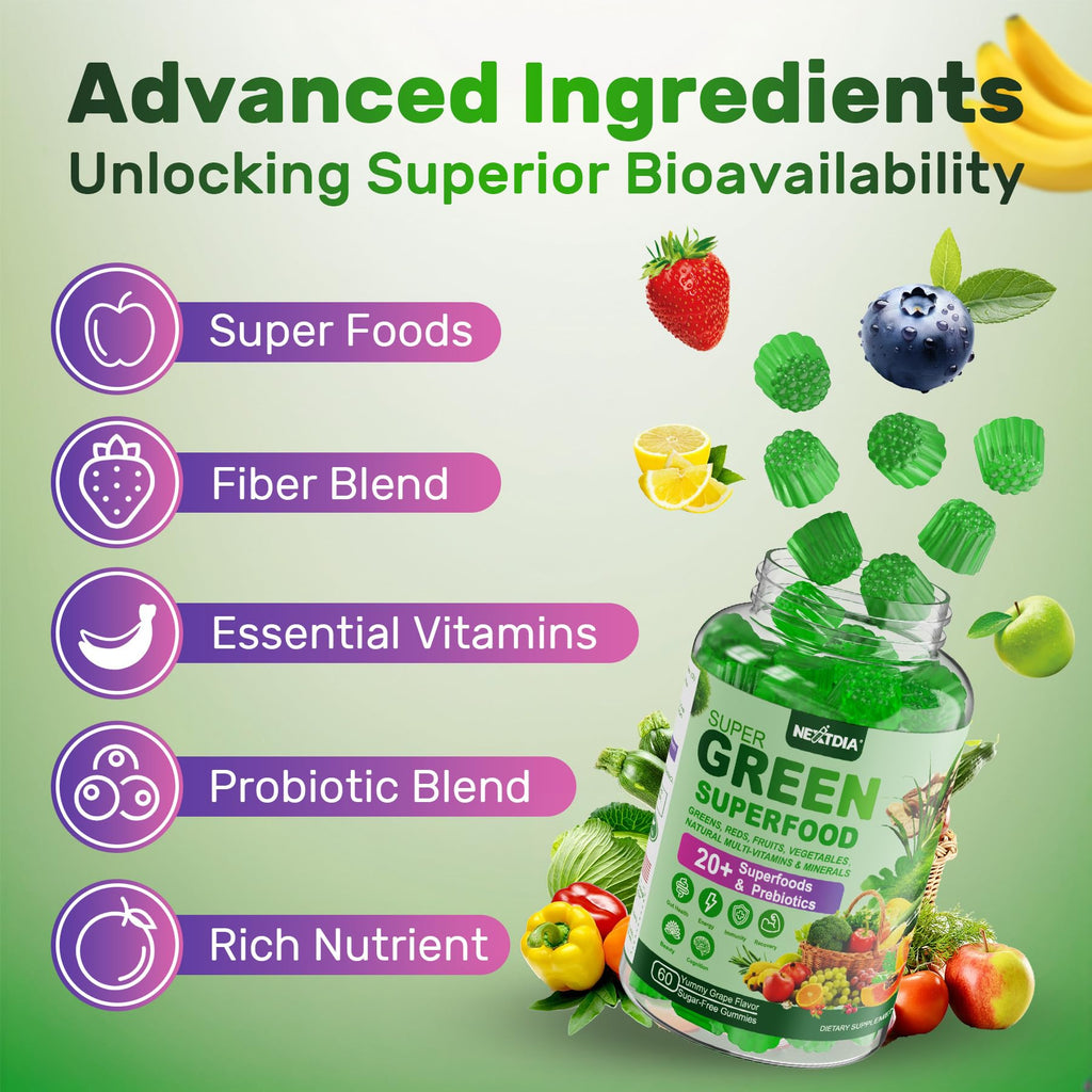 Nextdia premium plant based super greens chewable vitamins bottle
