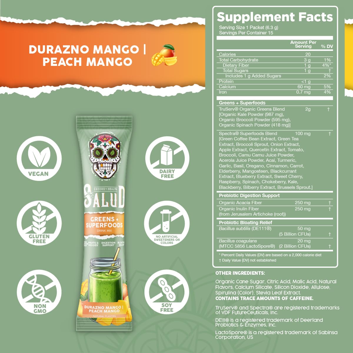 Taste Salud Superfood Drink Mix packaging displaying over twenty fruits and vegetables ingredient list.
