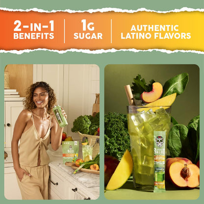 Taste Salud premium wellness drink packets in refreshing peach mango flavor for bloating relief.