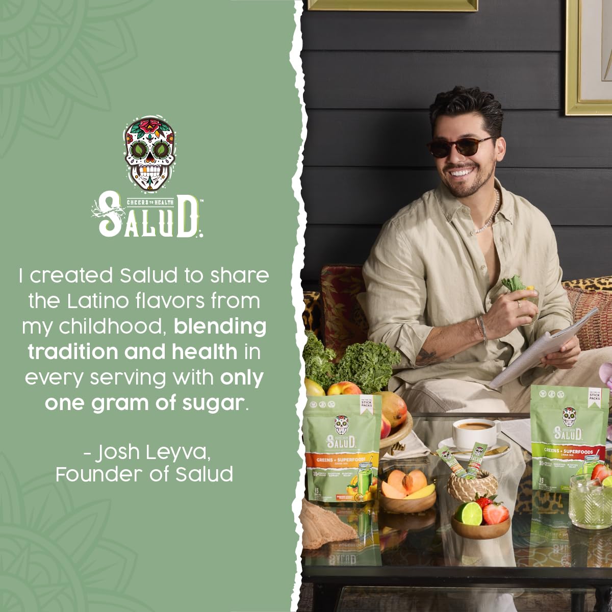 Taste Salud single serve greens powder packets arranged clearly showing convenience for travel.