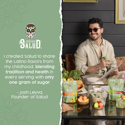 Taste Salud single serve greens powder packets arranged clearly showing convenience for travel.