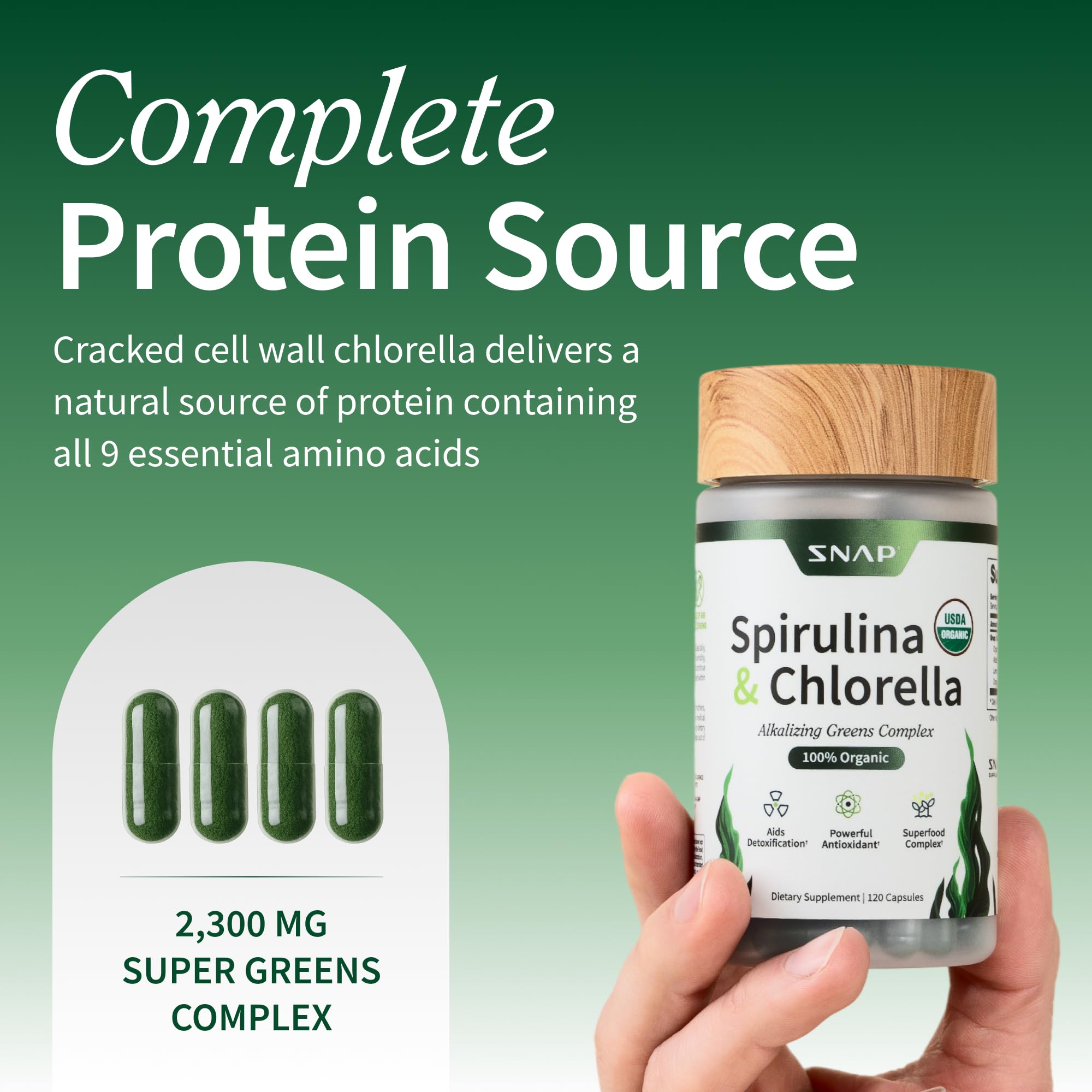 Snap Supplements Alkalizing Greens Complex capsules showing the 120 vegetarian capsules specification for natural energy.