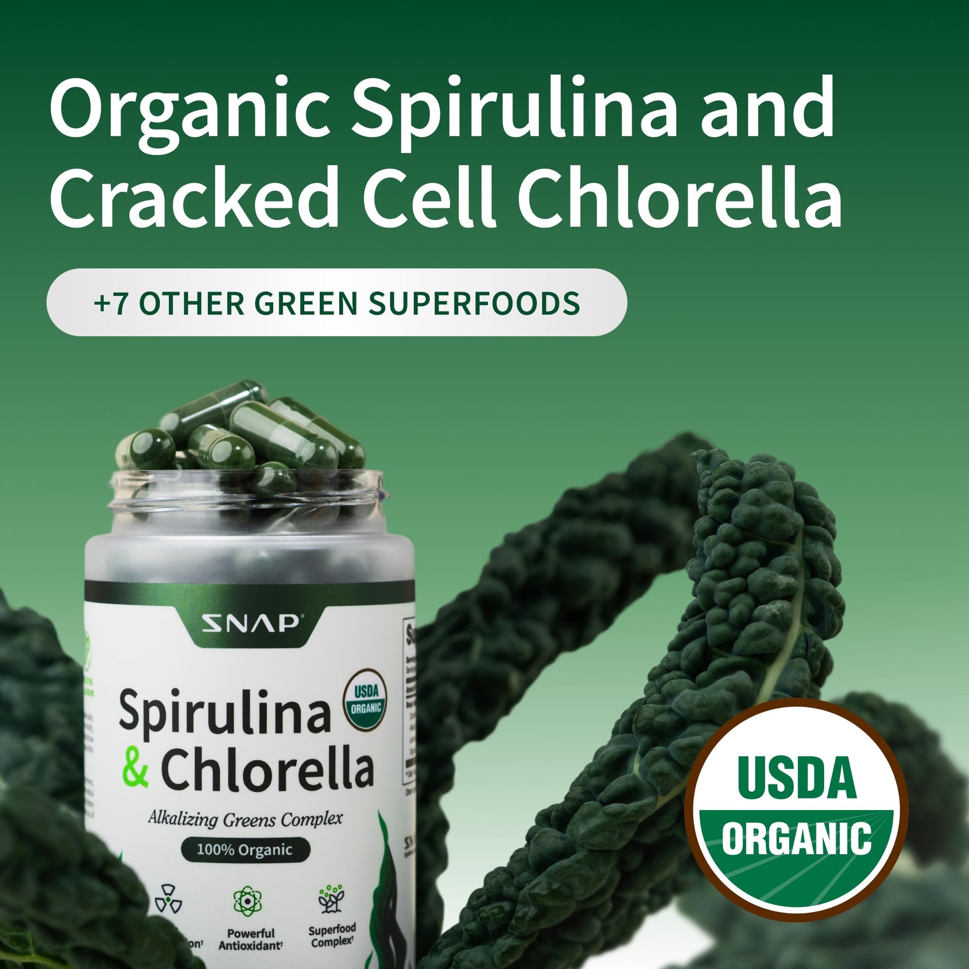 Snap Supplements blue green algae protein rich supplement bottle highlighting the non-GMO and gluten-free certifications.