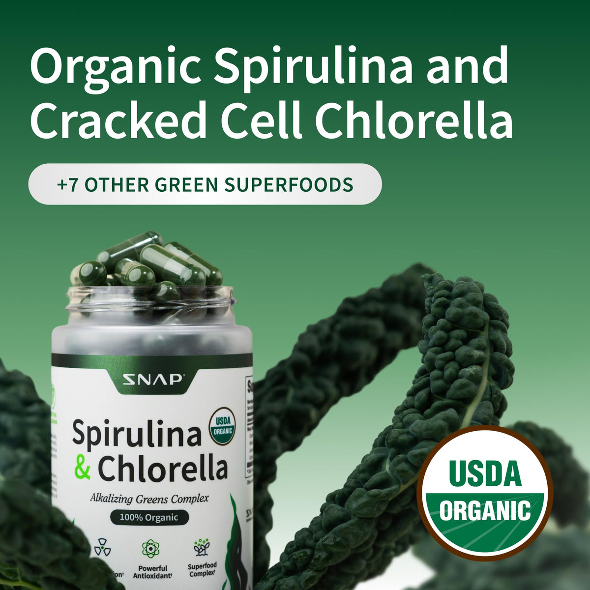 Snap Supplements blue green algae protein rich supplement bottle highlighting the non-GMO and gluten-free certifications.