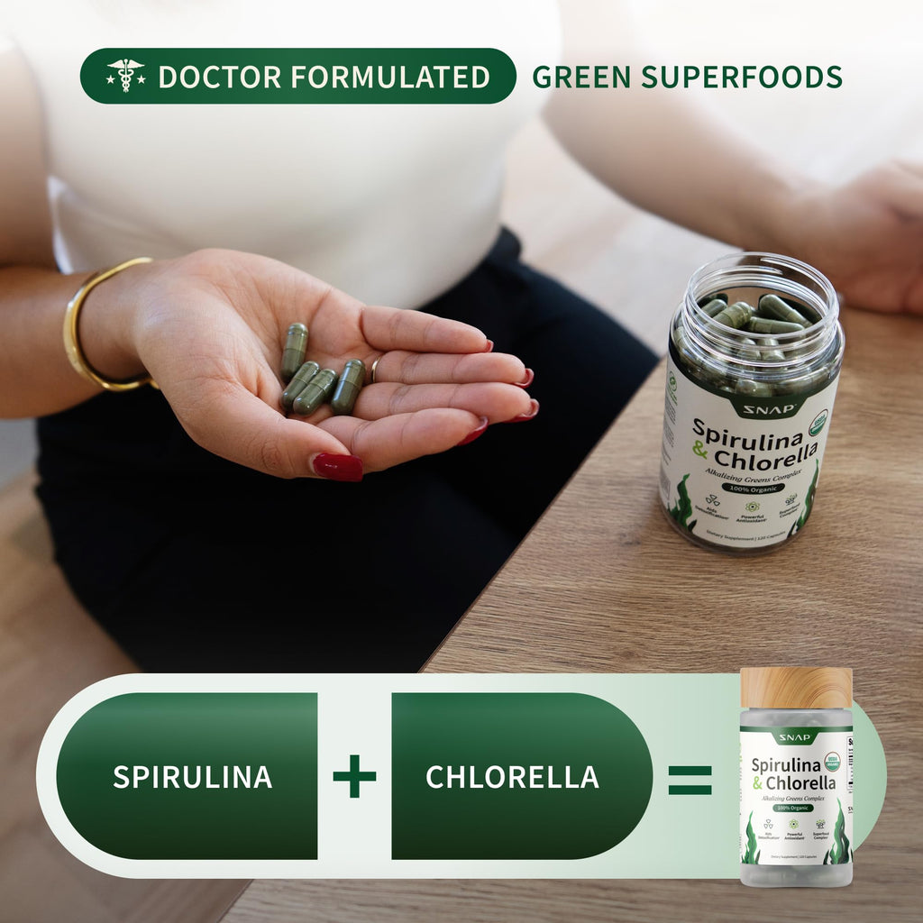 Snap Supplements Organic Spirulina and Chlorella dietary supplement showing the recommended dosage instructions for cellular health.