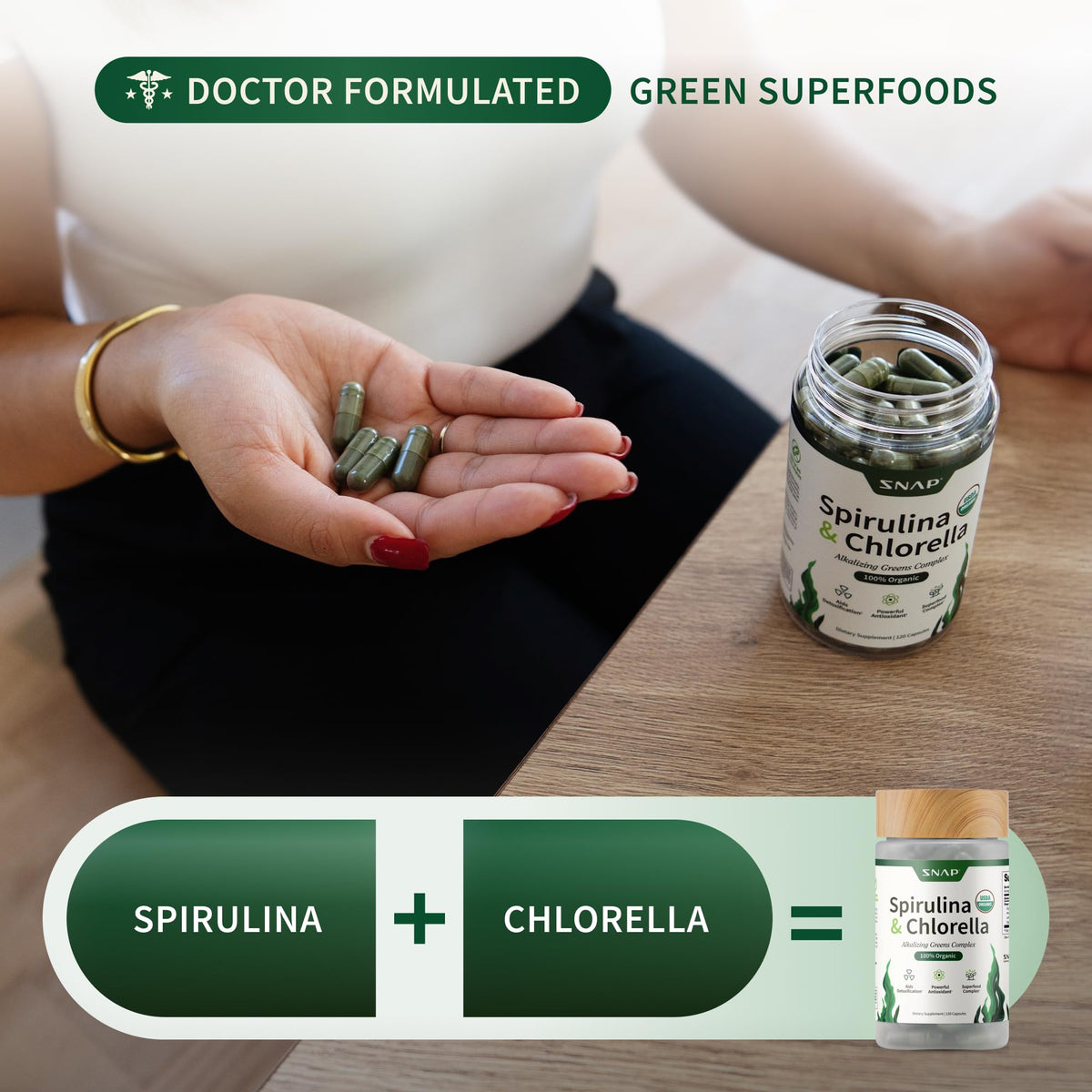 Snap Supplements Organic Spirulina and Chlorella dietary supplement showing the recommended dosage instructions for cellular health.