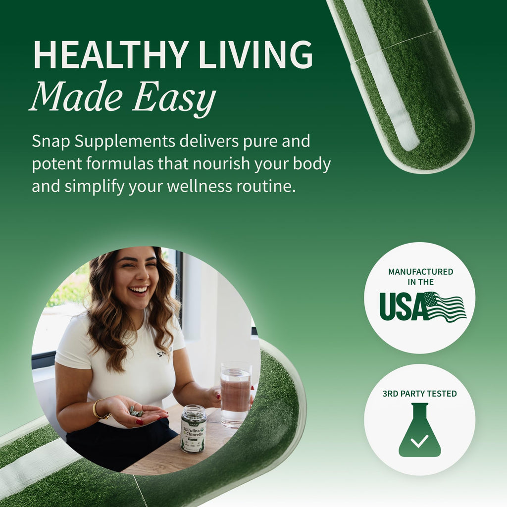 Snap Supplements cracked-cell chlorella and spirulina complex highlighting the daily immune and heart support benefits.