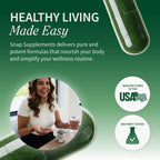 Snap Supplements cracked-cell chlorella and spirulina complex highlighting the daily immune and heart support benefits.