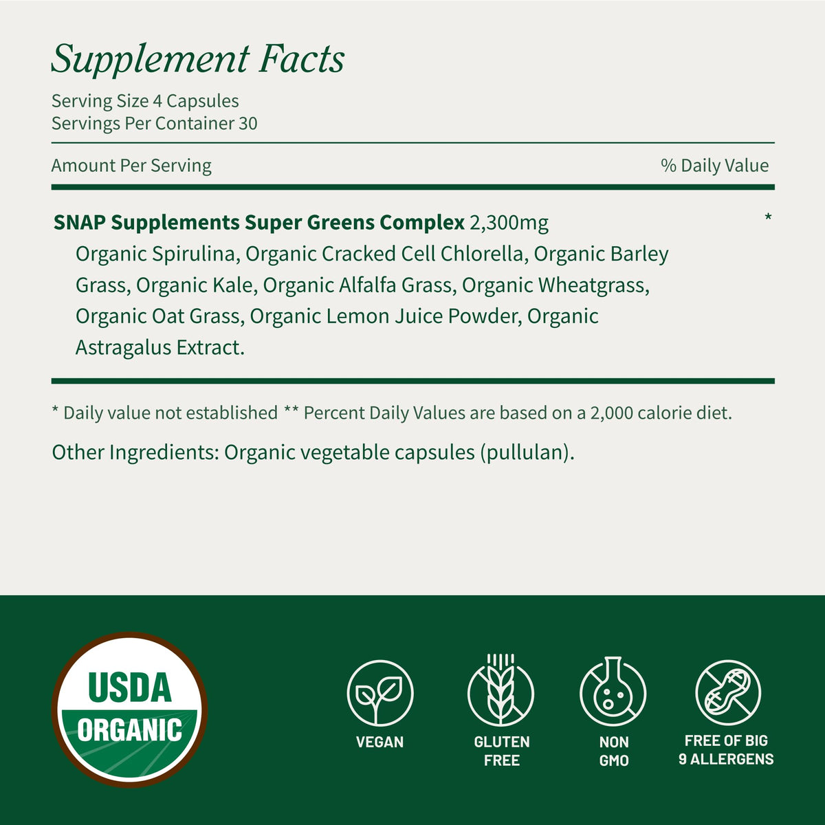 Snap Supplements plant-based green superfood bottle side profile displaying the 30 servings per container information.