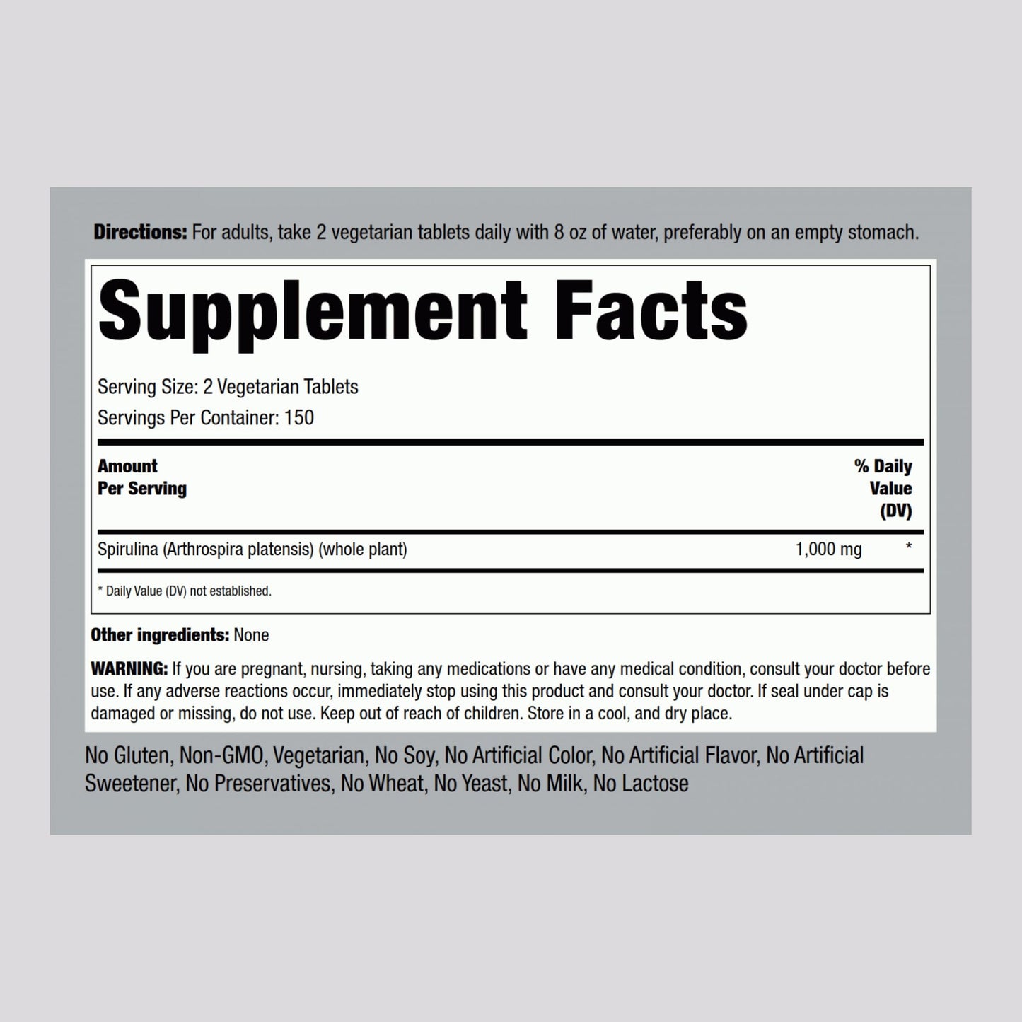 Piping Rock Organic Spirulina Arthrospira Platensis supplement facts label