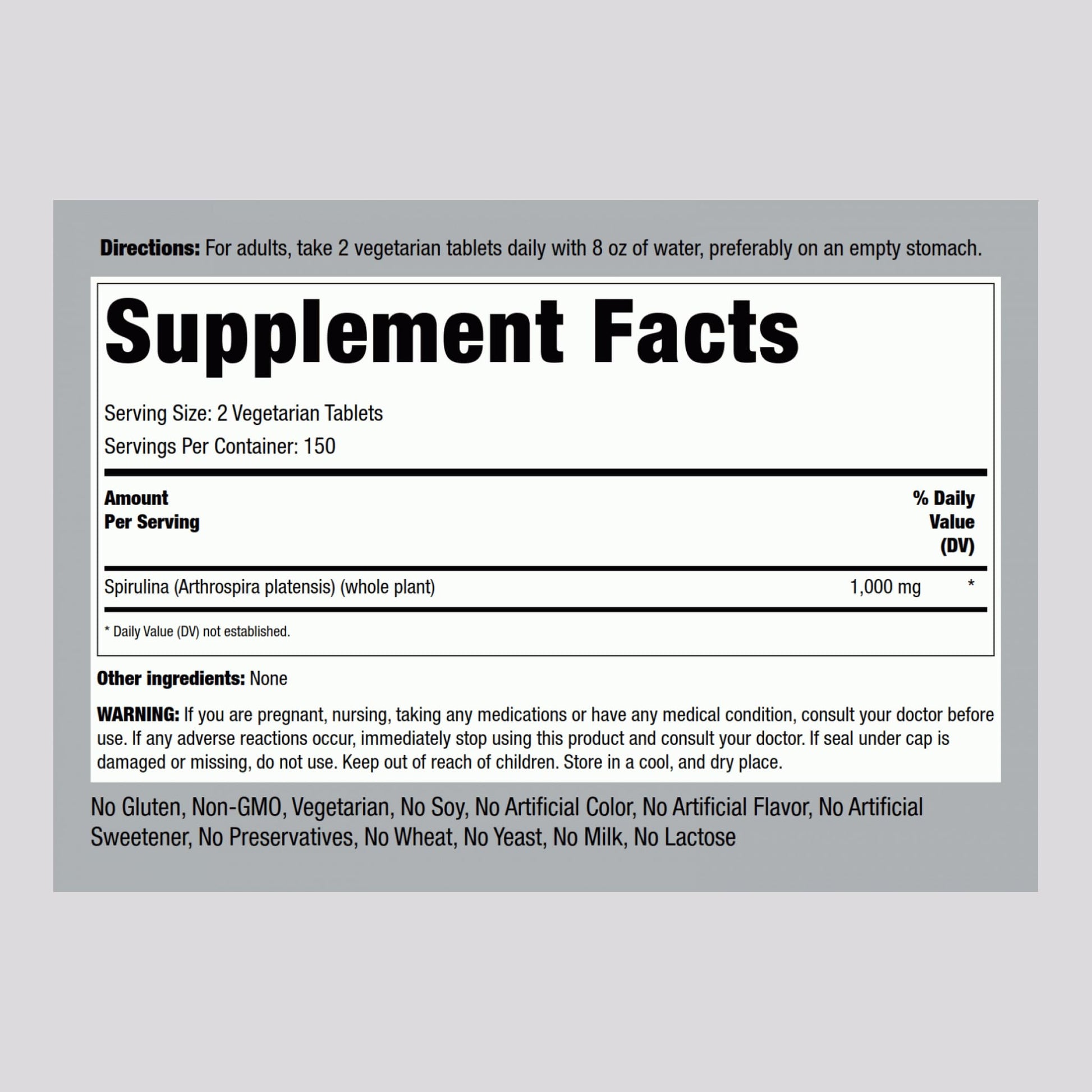 Piping Rock Organic Spirulina Arthrospira Platensis supplement facts label