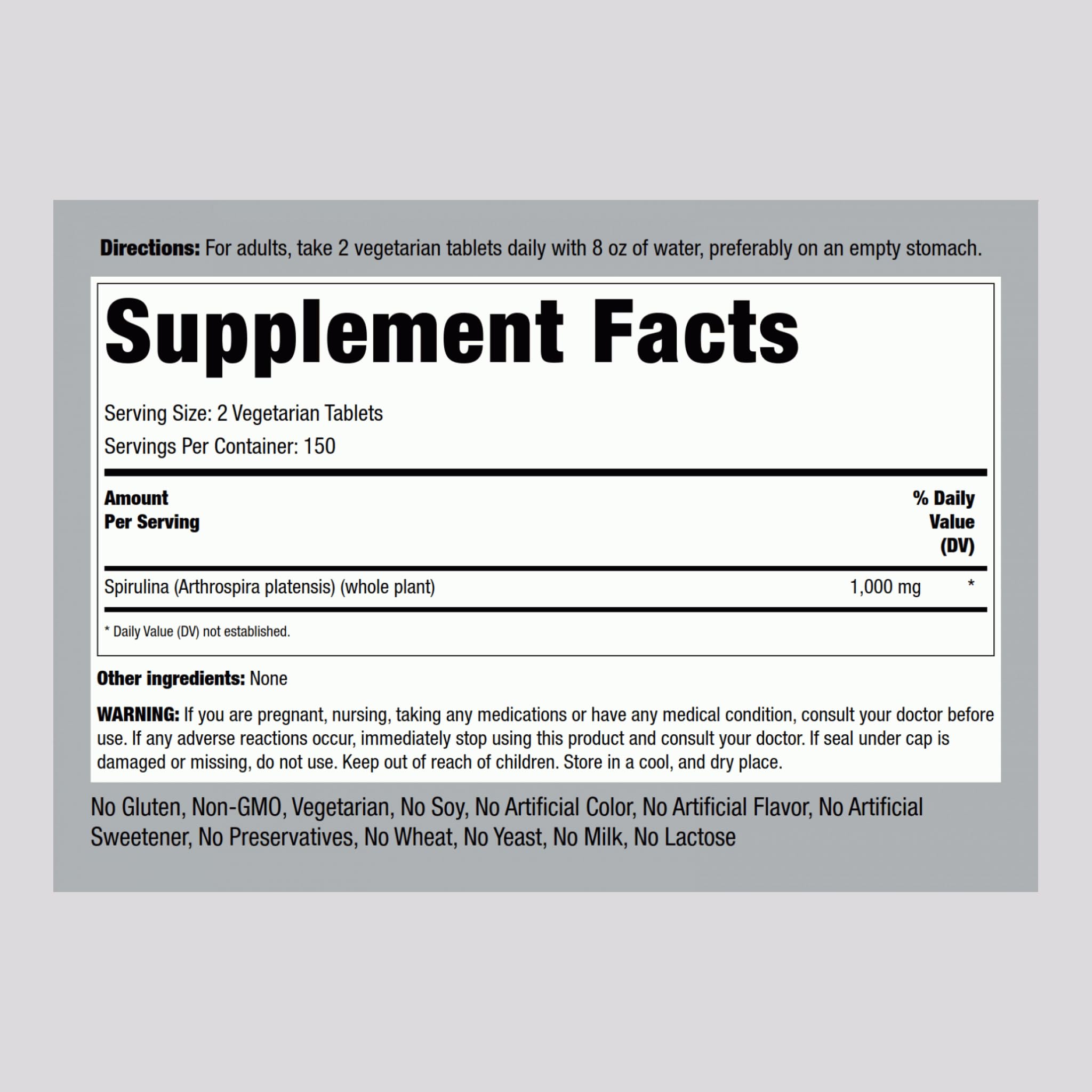 Piping Rock Organic Spirulina Arthrospira Platensis supplement facts label