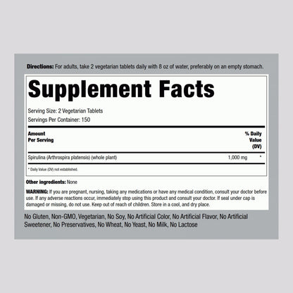 Piping Rock Organic Spirulina Arthrospira Platensis supplement facts label