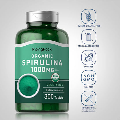Vegetarian non-GMO certified blue-green algae superfood pills close up
