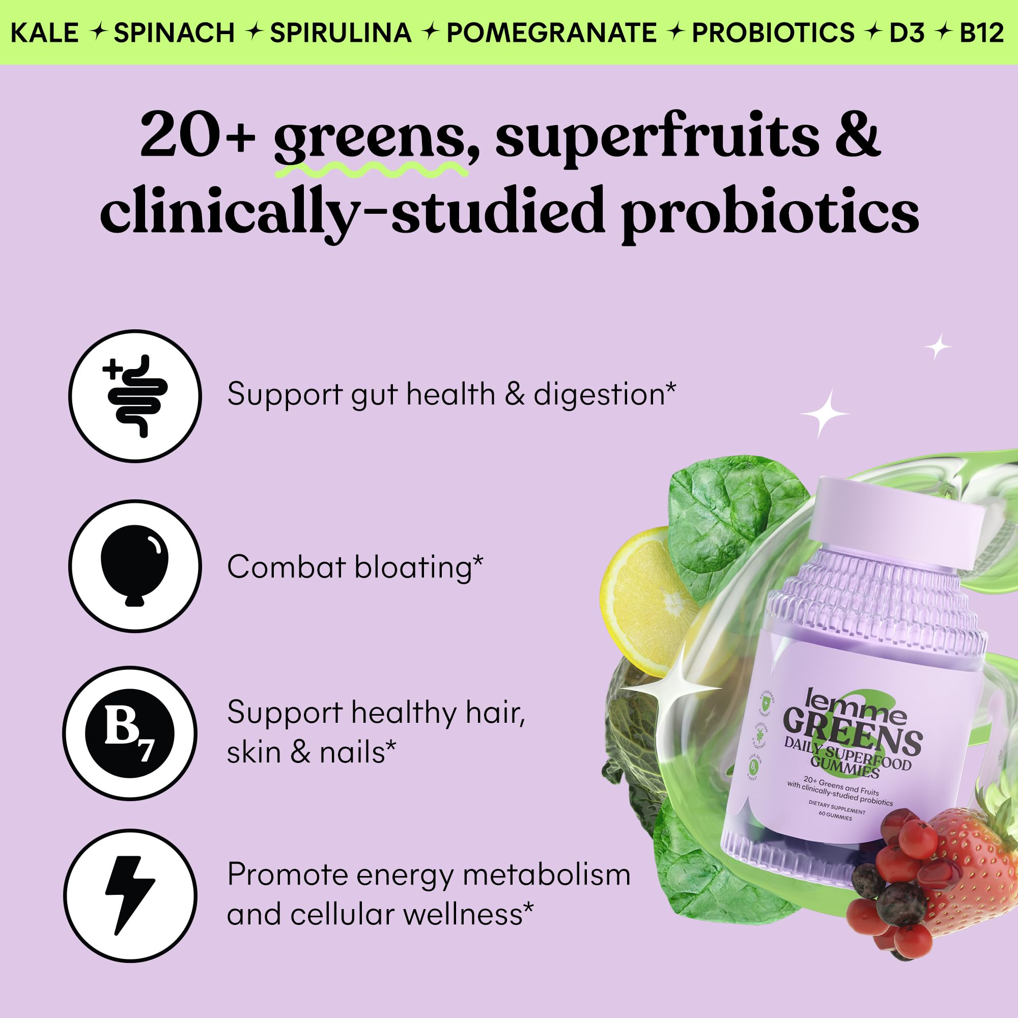 Lemme Greens 60 count supplement bottle showing organic greens ingredients list
