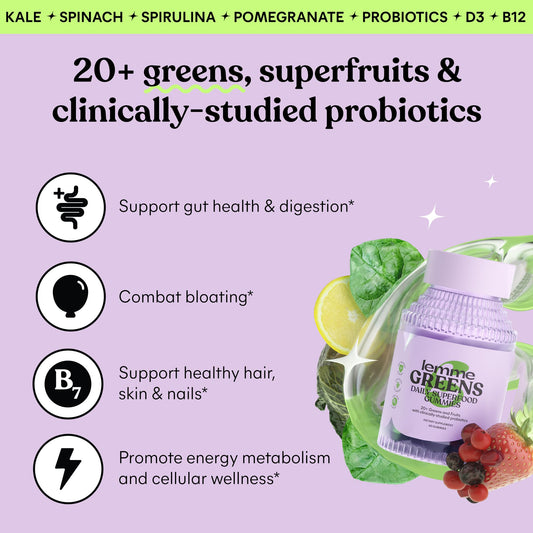 Lemme Greens 60 count supplement bottle showing organic greens ingredients list
