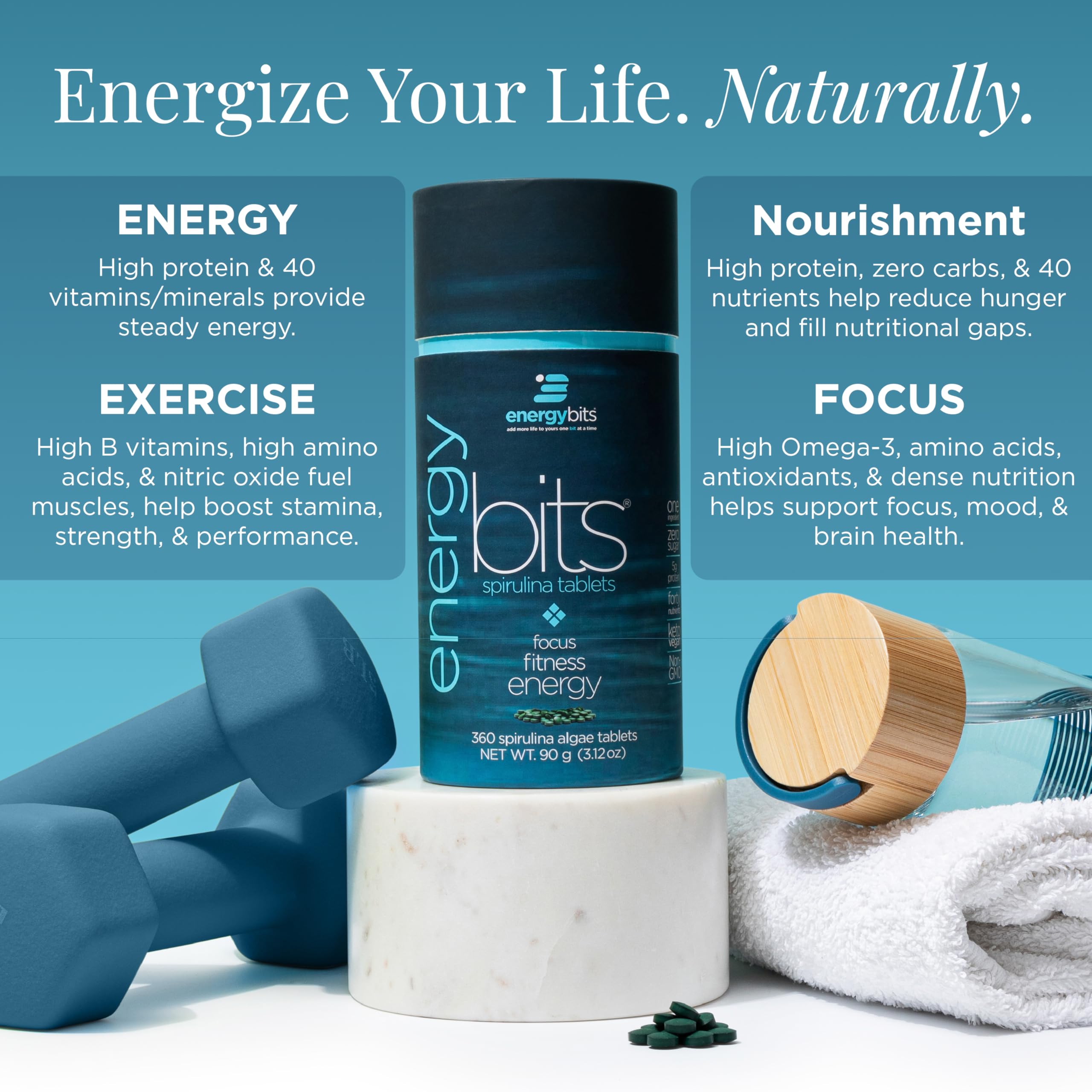 ENERGYBITS plant based algae superfood tablets displayed out of the packaging