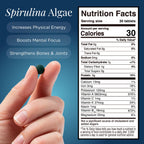 Nutritional facts panel on the back of the organic spirulina algae product bag