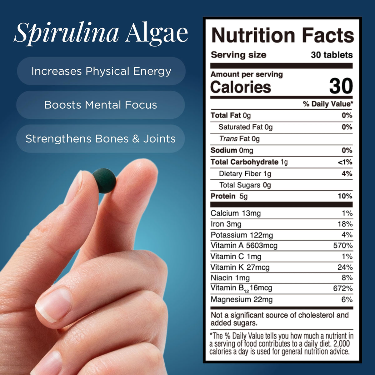 Nutritional facts panel on the back of the organic spirulina algae product bag