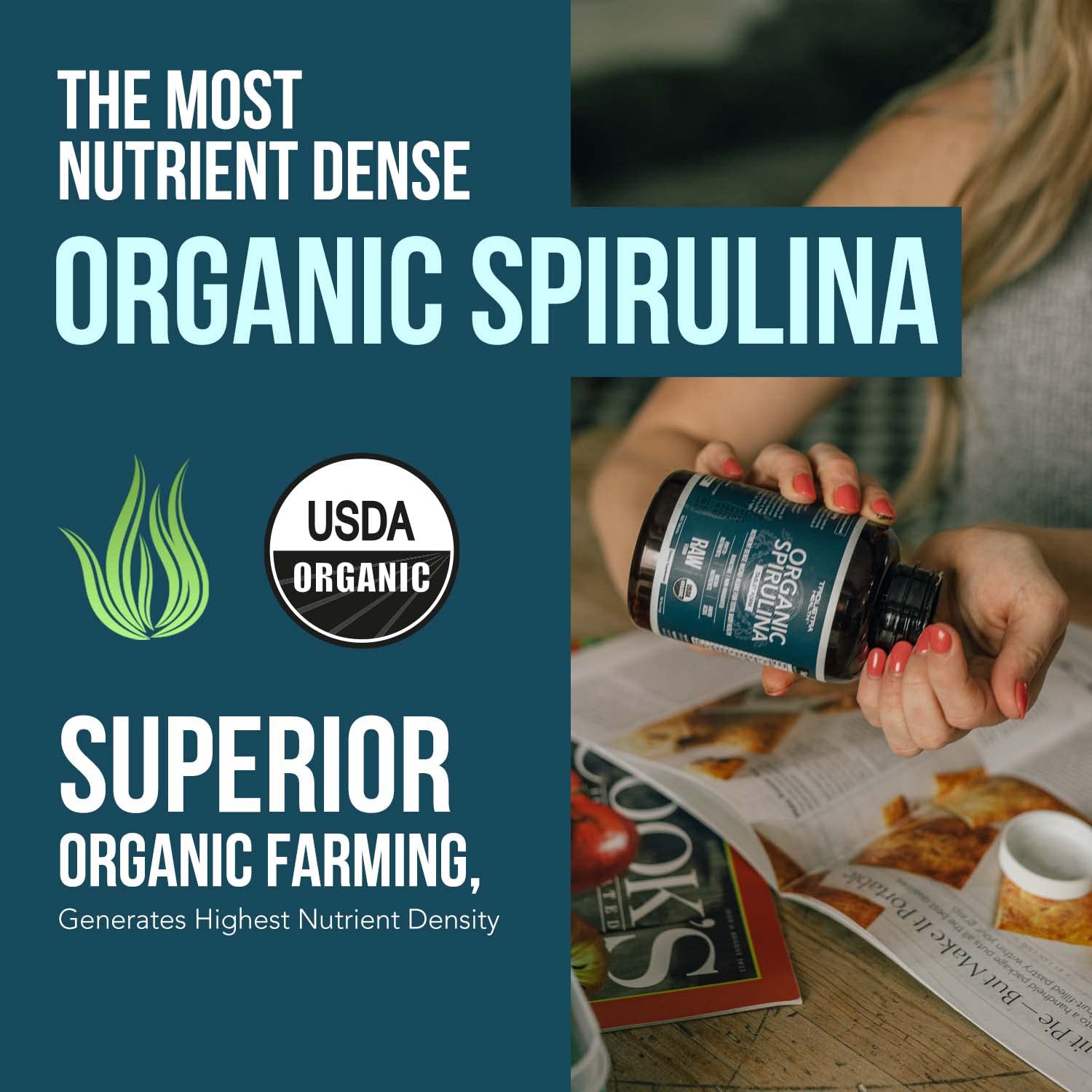 Triquetra Health superfood supplement supplement facts panel detailing the four tablet serving size.