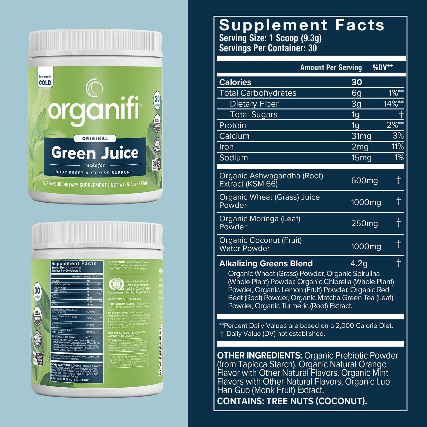 Organifi Green Juice supplement tub showcasing certified organic ingredients and wellness benefits.