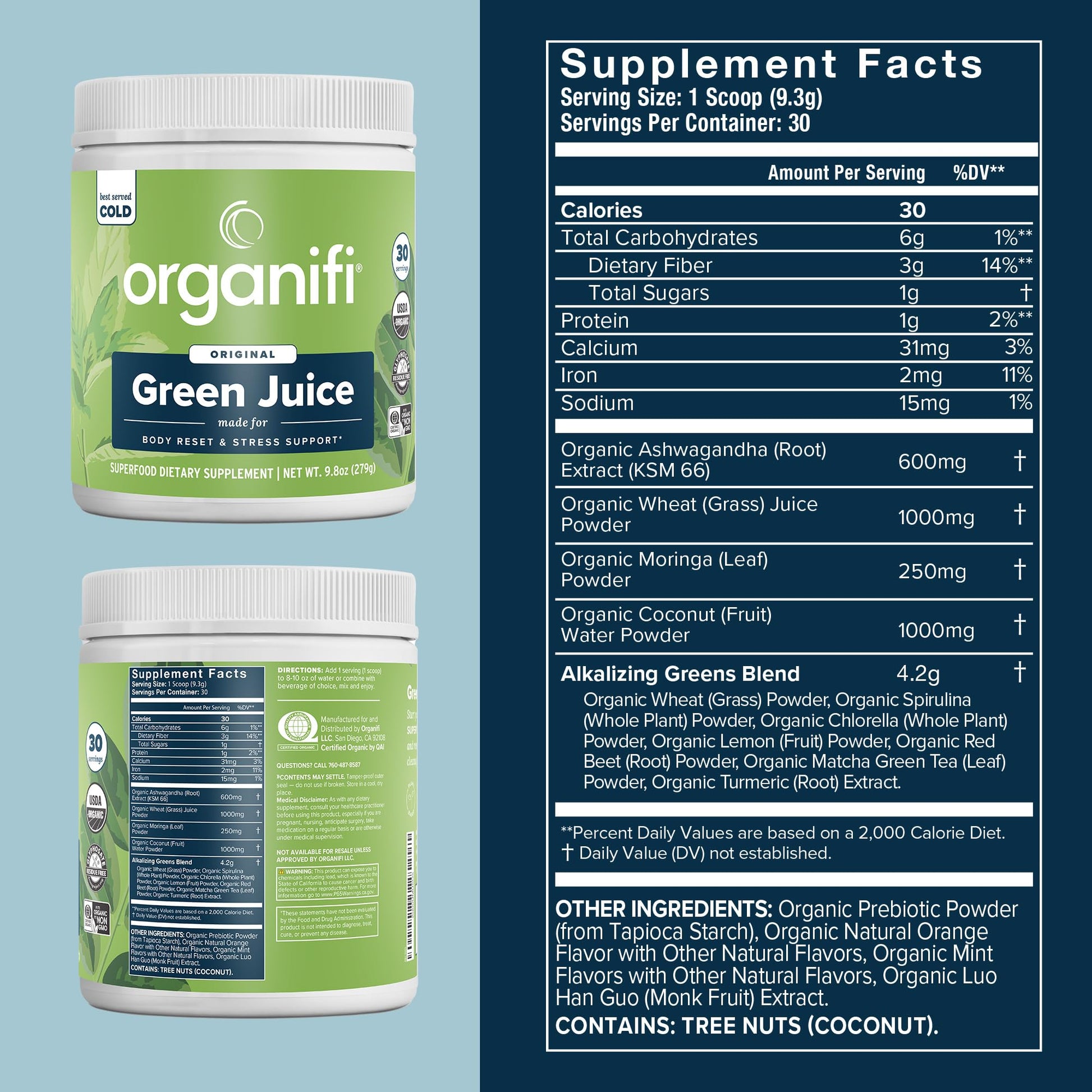 Organifi Green Juice supplement tub showcasing certified organic ingredients and wellness benefits.