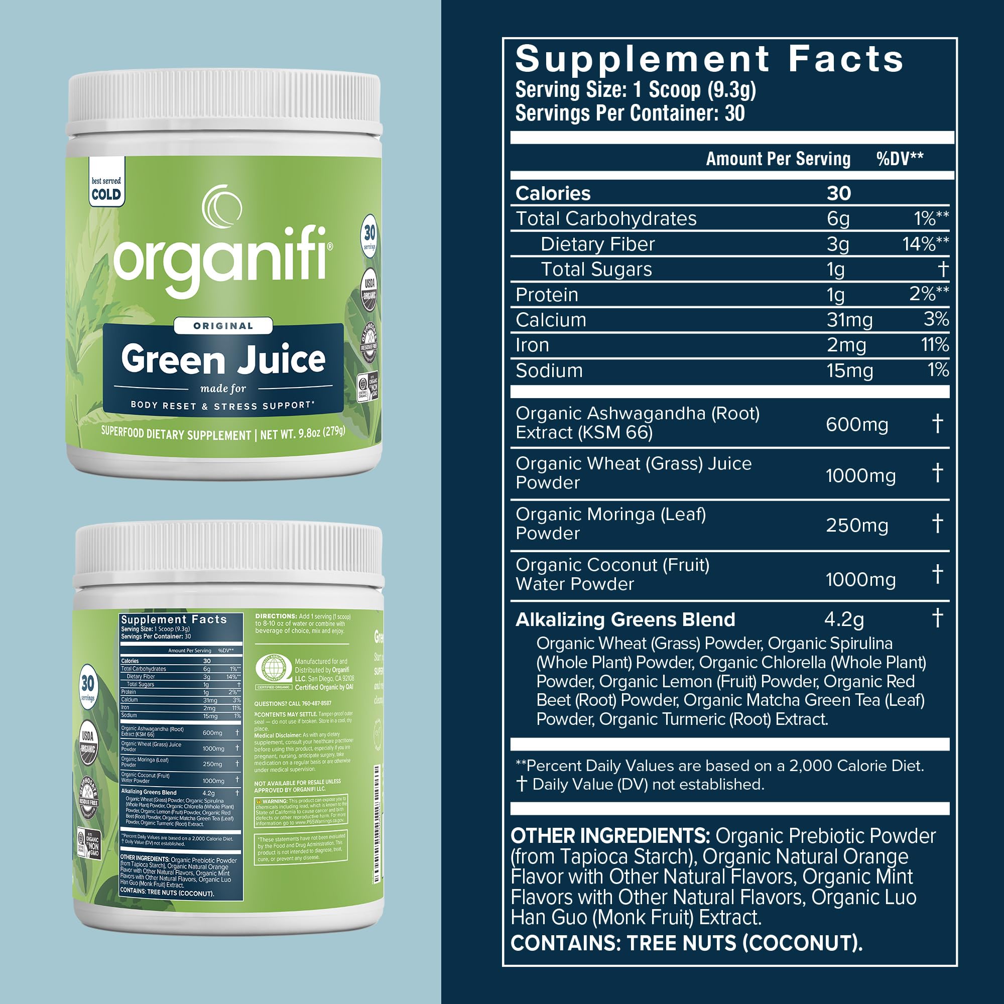 Organifi Green Juice supplement tub showcasing certified organic ingredients and wellness benefits.
