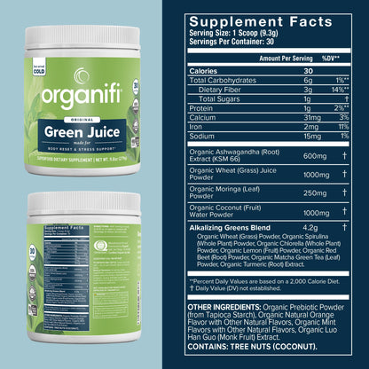 Organifi Green Juice supplement tub showcasing certified organic ingredients and wellness benefits.
