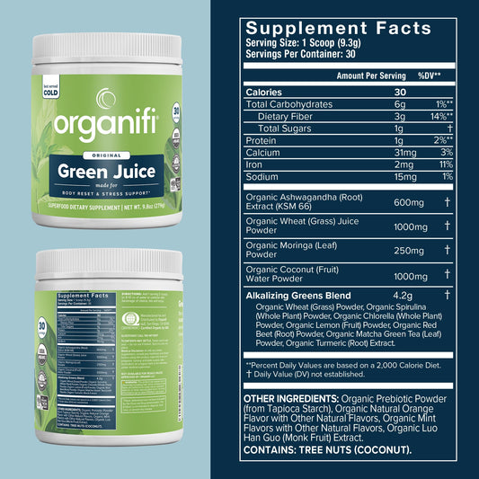 Organifi Green Juice supplement tub showcasing certified organic ingredients and wellness benefits.