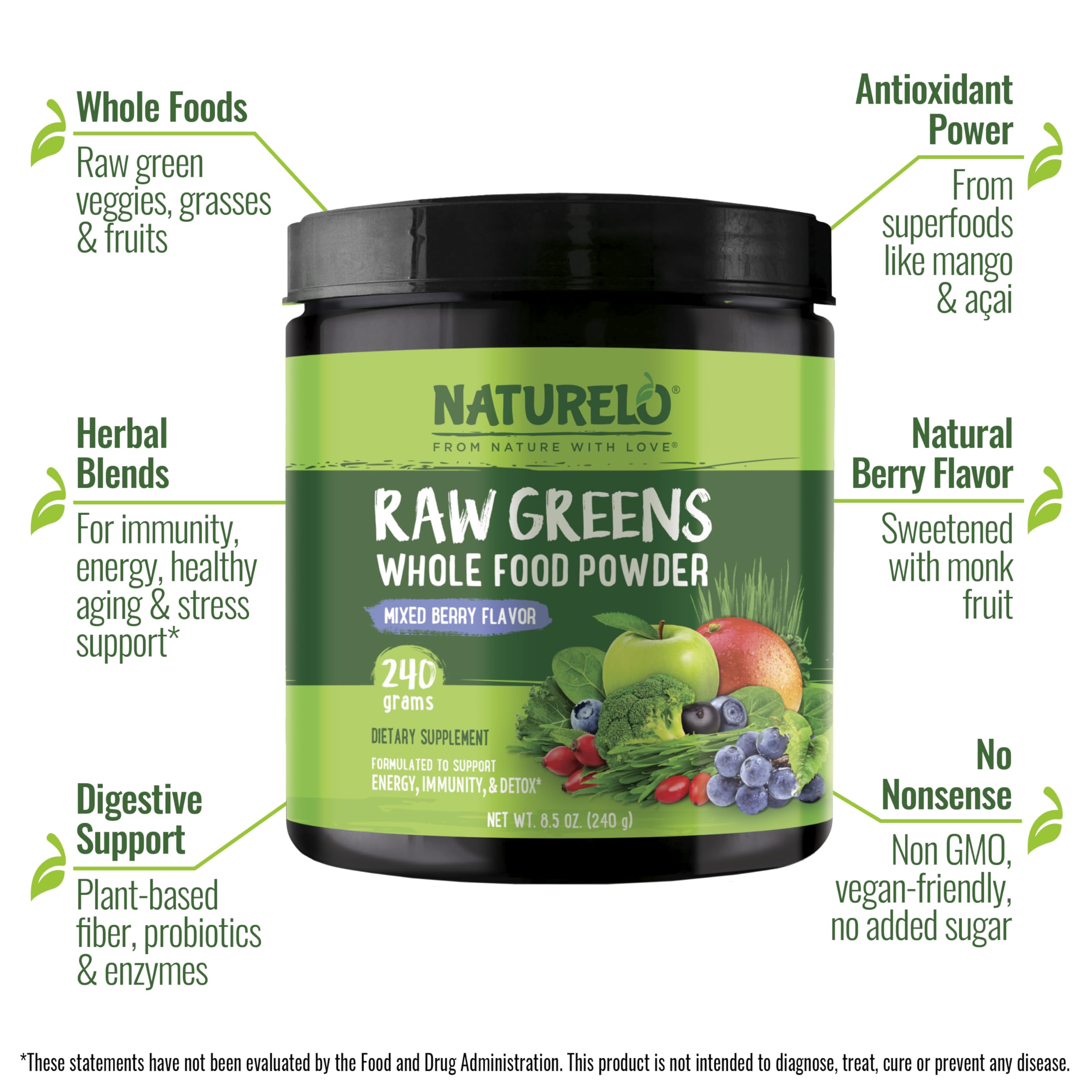 Naturelo organic greens whole food supplement nutrition facts label