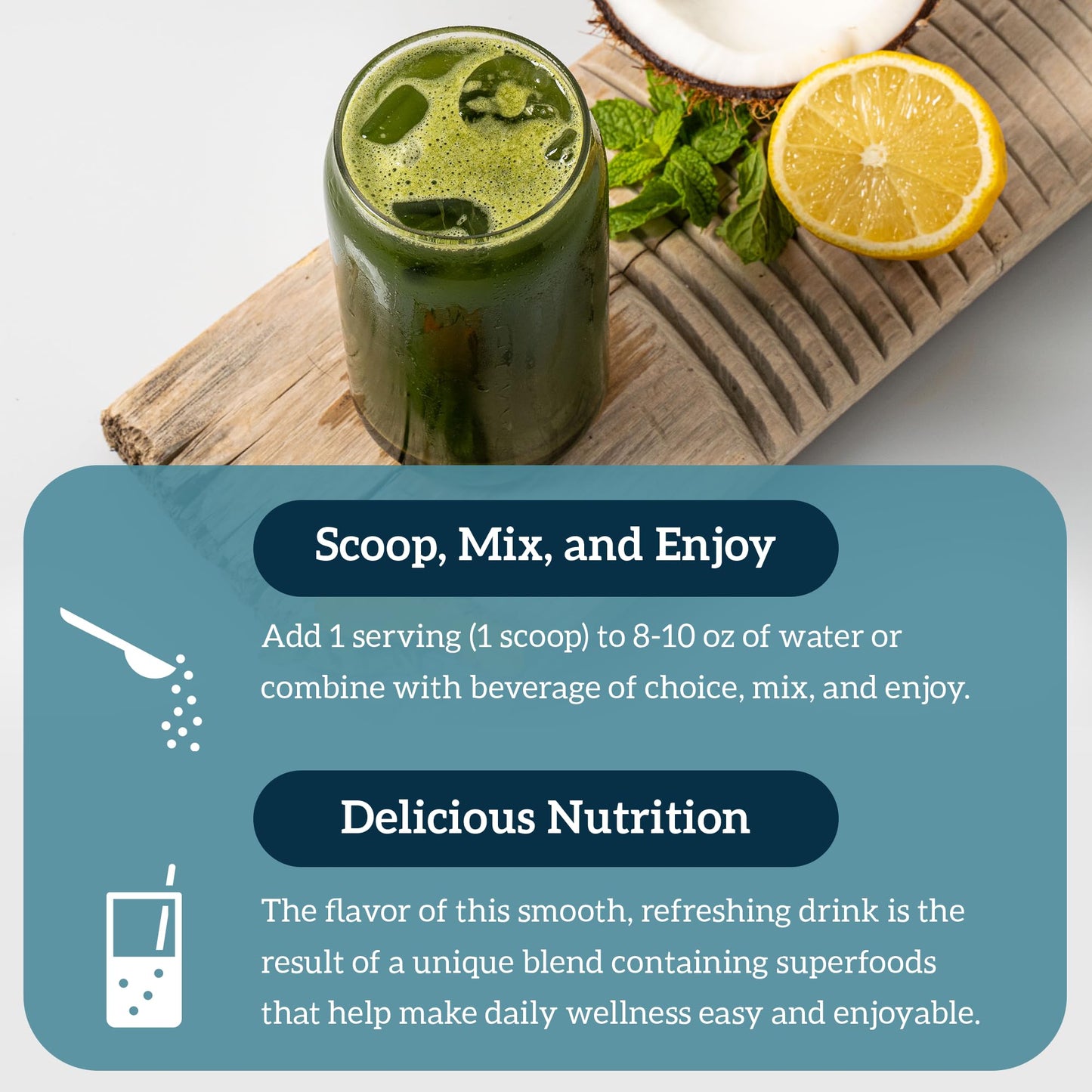 Authentic Organifi Green Juice powder being mixed into a refreshing glass of water.