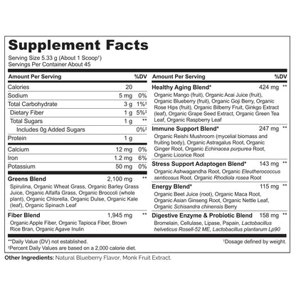 Naturelo whole food powder ingredients list featuring spirulina and wheatgrass