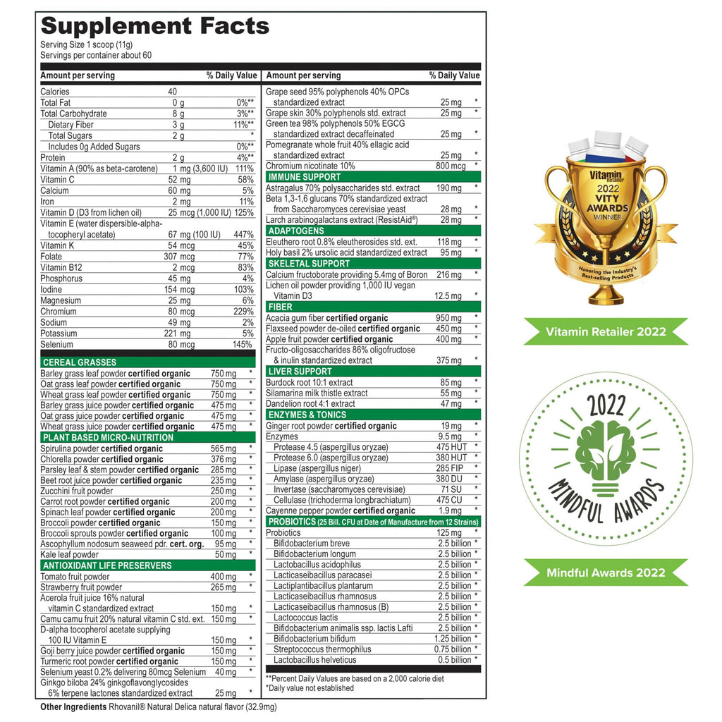Green Vibrance vegan supplement powder scoop showing rich green texture