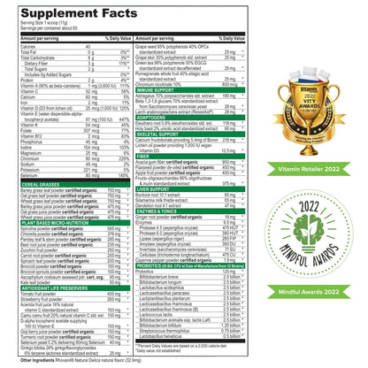 Green Vibrance vegan supplement powder scoop showing rich green texture