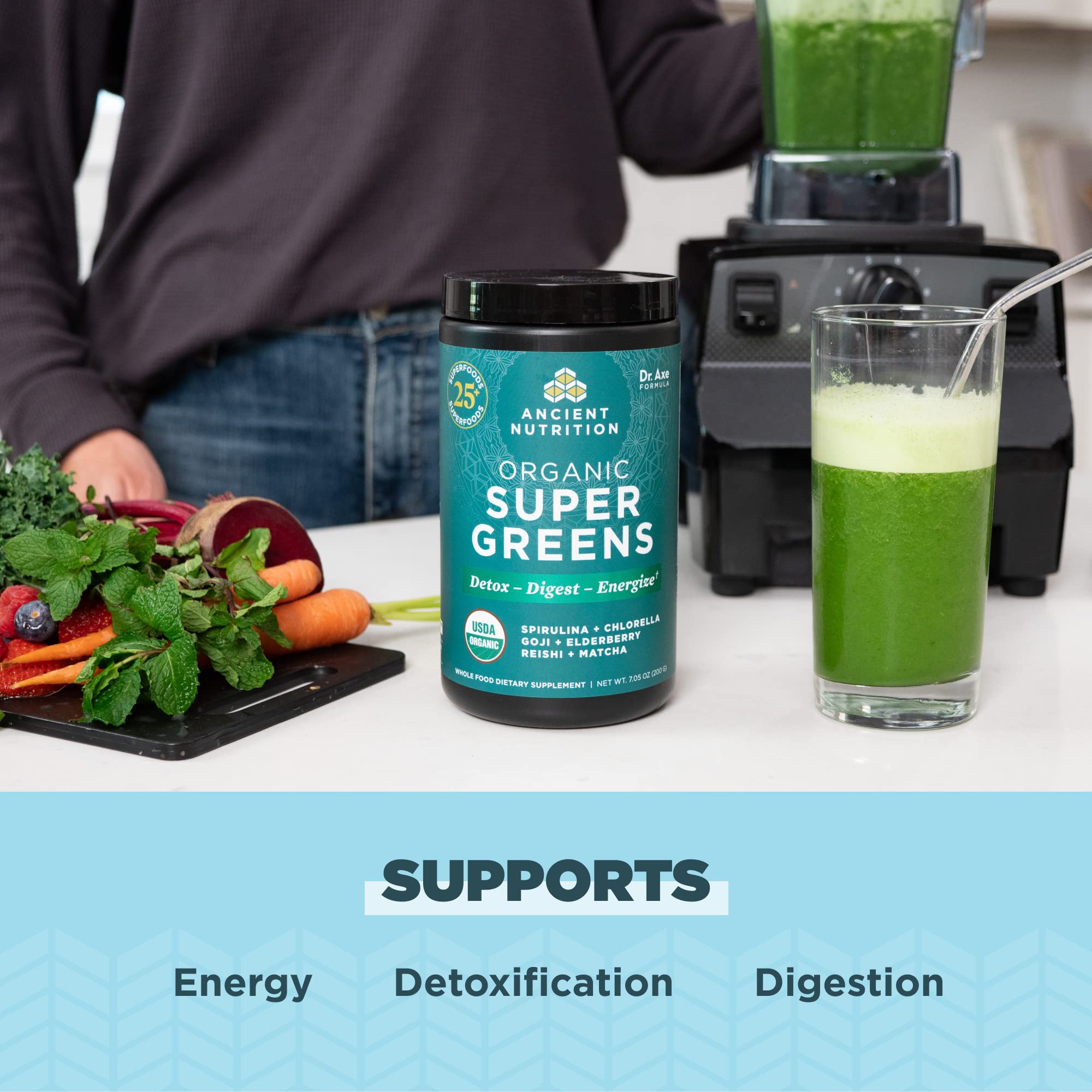 Ancient Nutrition green superfood supplement jar for detoxification
