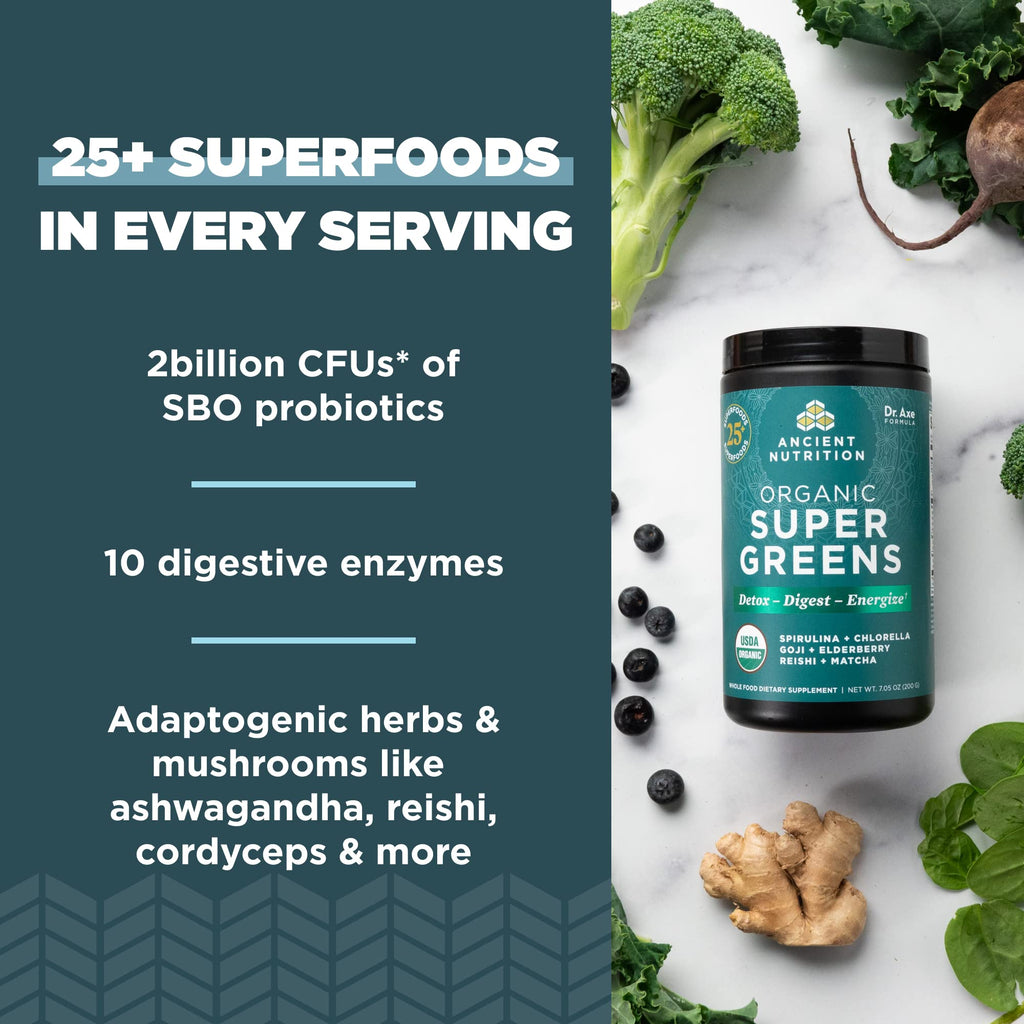 Organic Super Greens powder nutrition facts and ingredients label