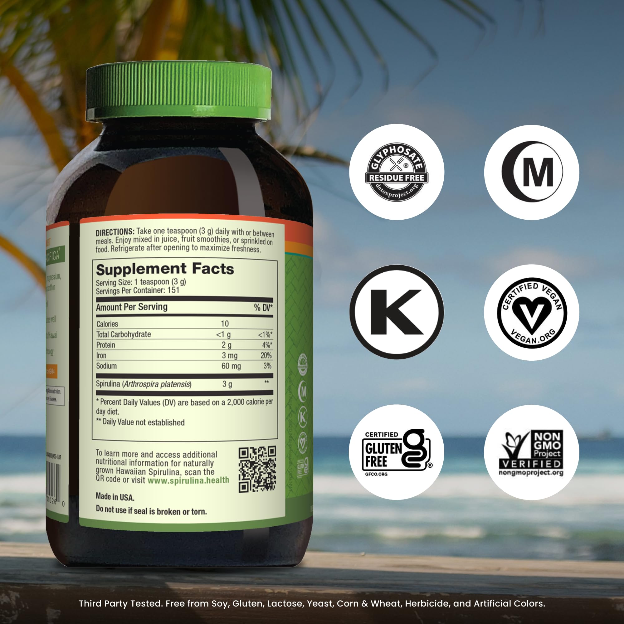 Nutrex Hawaii green superfood powder container showcasing the non-GMO vegan label.