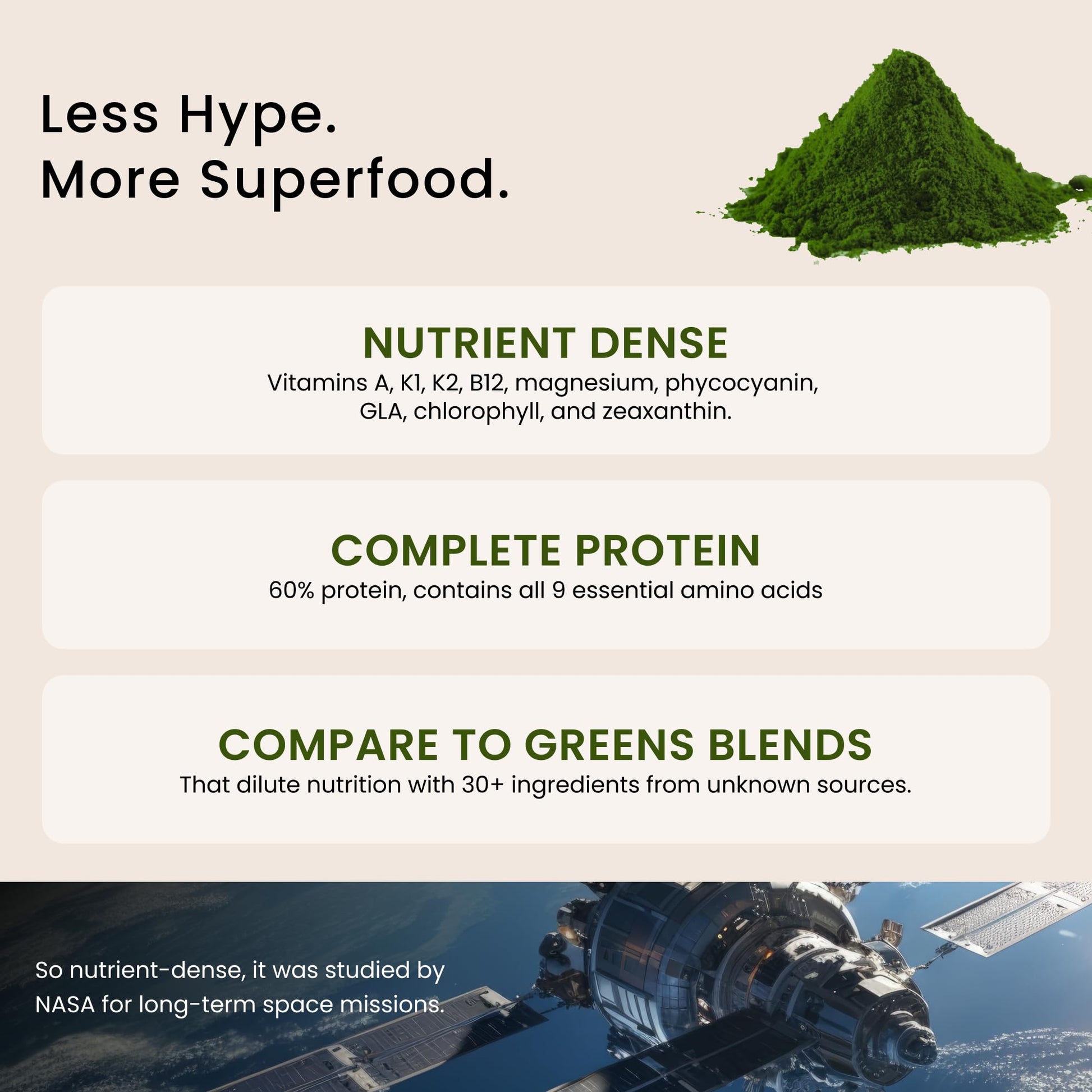 Pure Hawaiian Spirulina nutritional facts panel on the back of the bottle.