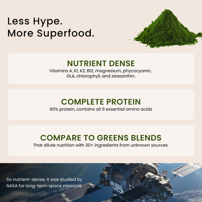 Pure Hawaiian Spirulina nutritional facts panel on the back of the bottle.