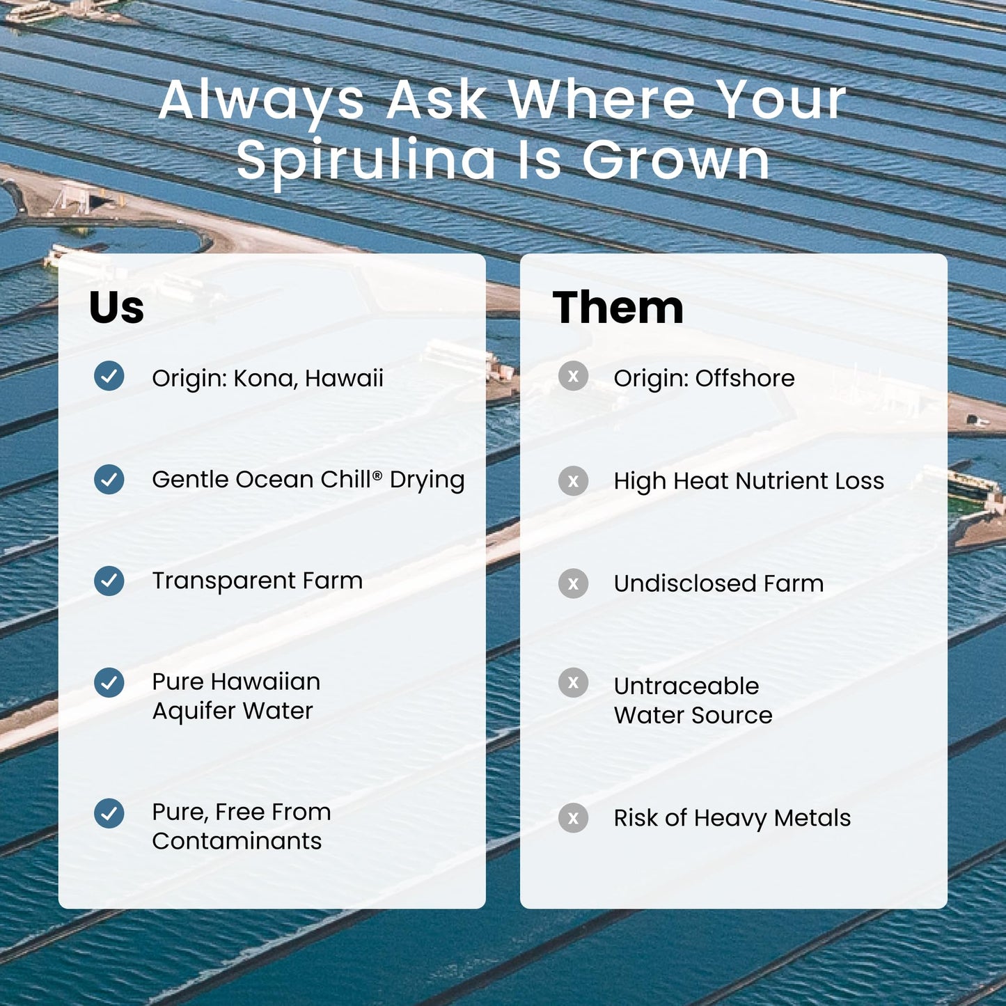 Pure green Hawaiian spirulina powder product layout highlighting the certified vegan seal.