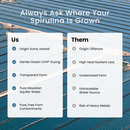 Pure green Hawaiian spirulina powder product layout highlighting the certified vegan seal.