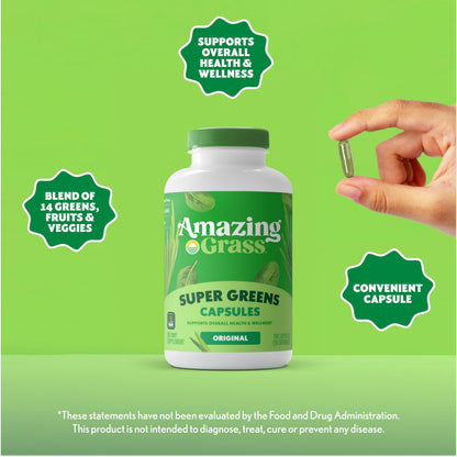 Supplement facts label on the back of Amazing Grass digestive enzymes and probiotics capsule bottle.