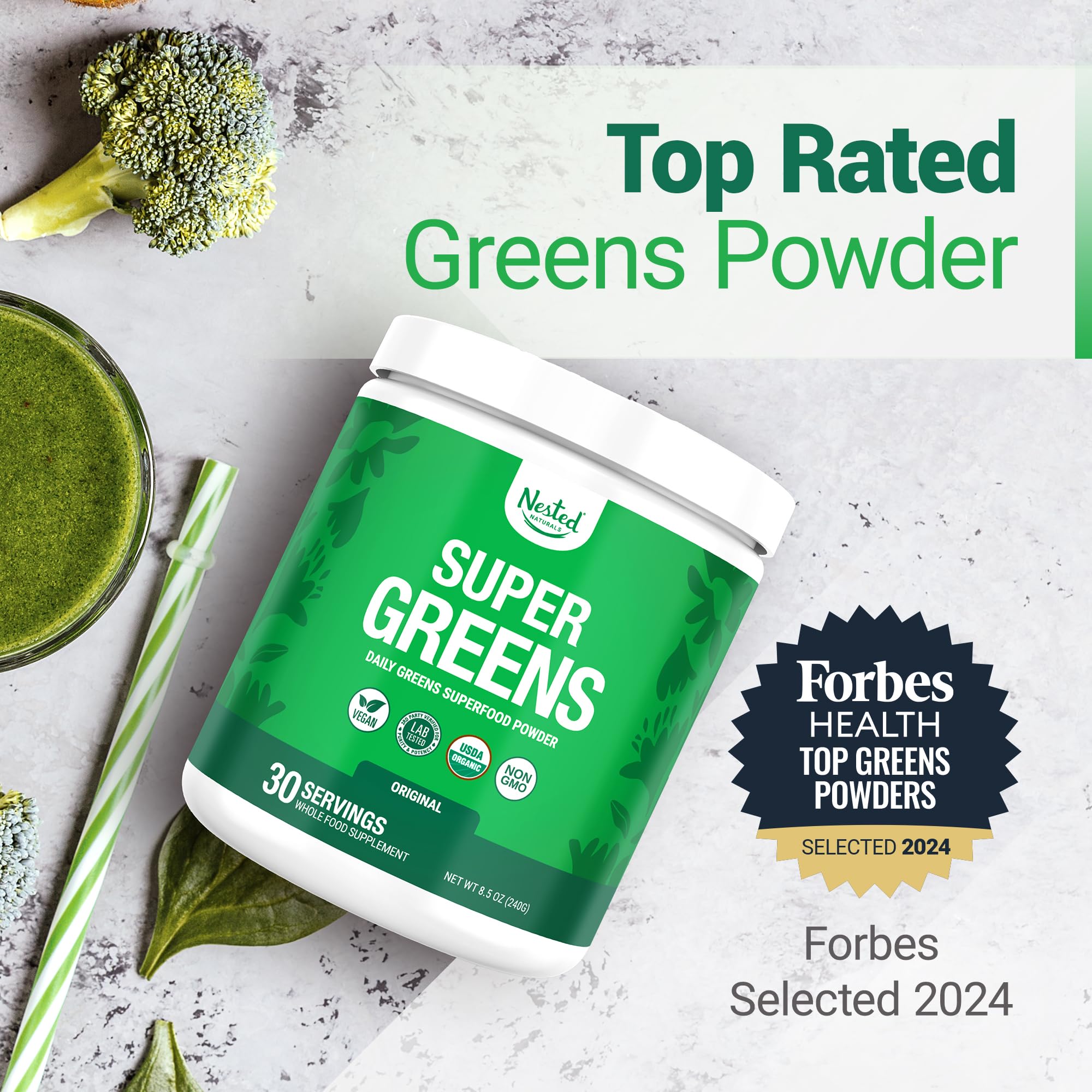 Nested Naturals Super Greens Original flavor organic powder nutrition label and supplement facts