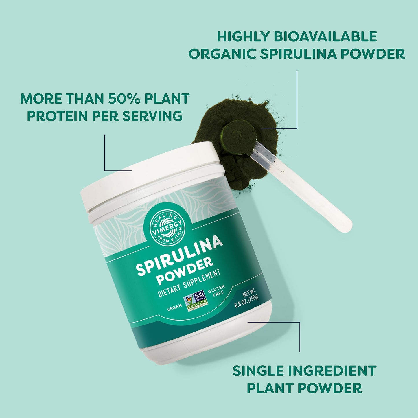 Back label of Vimergy clean formulation spirulina powder highlighting zero fillers and additives.