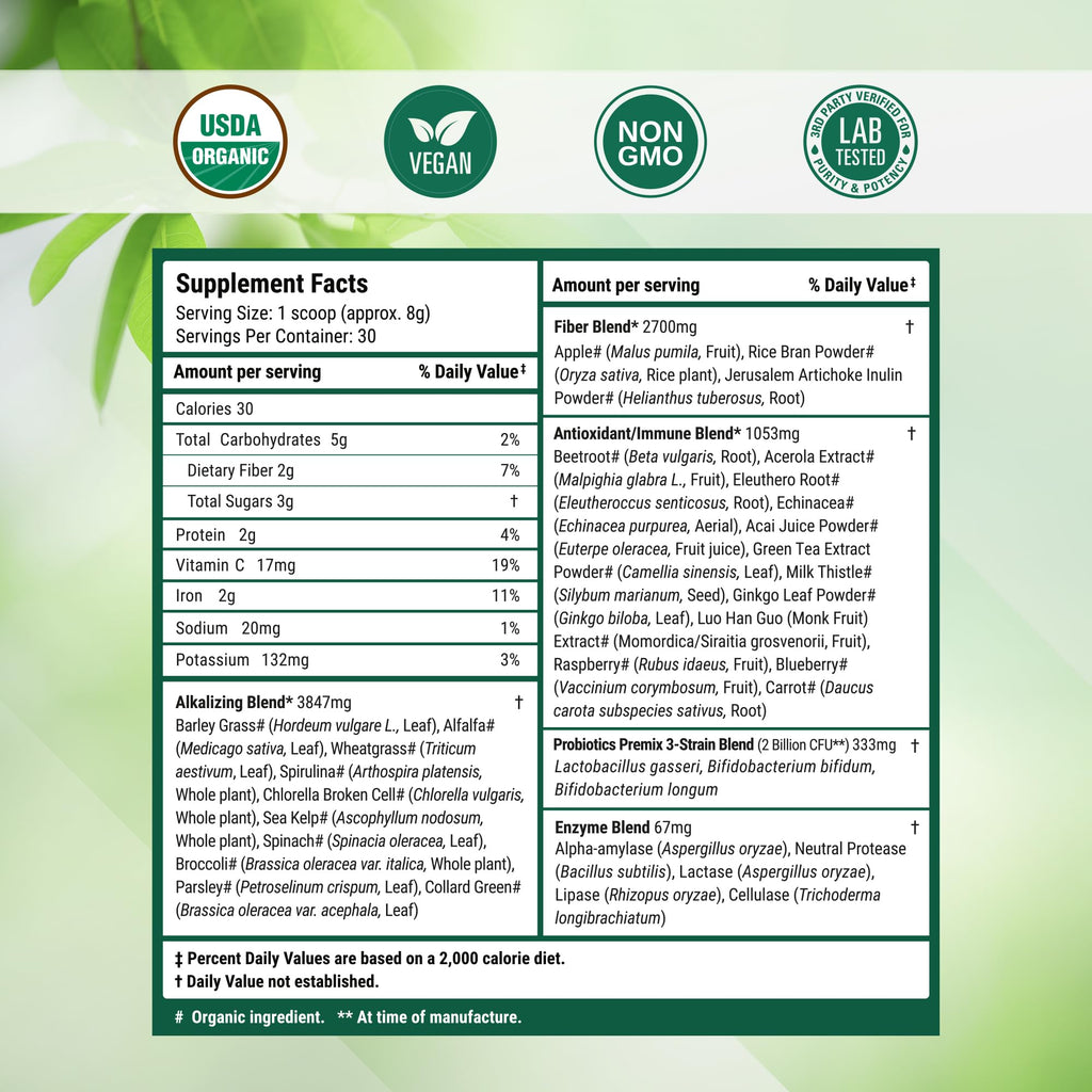 Nested Naturals Super Greens showing probiotics and digestive enzyme blend features