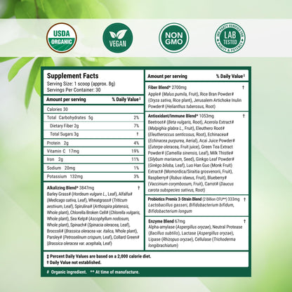 Nested Naturals Super Greens showing probiotics and digestive enzyme blend features